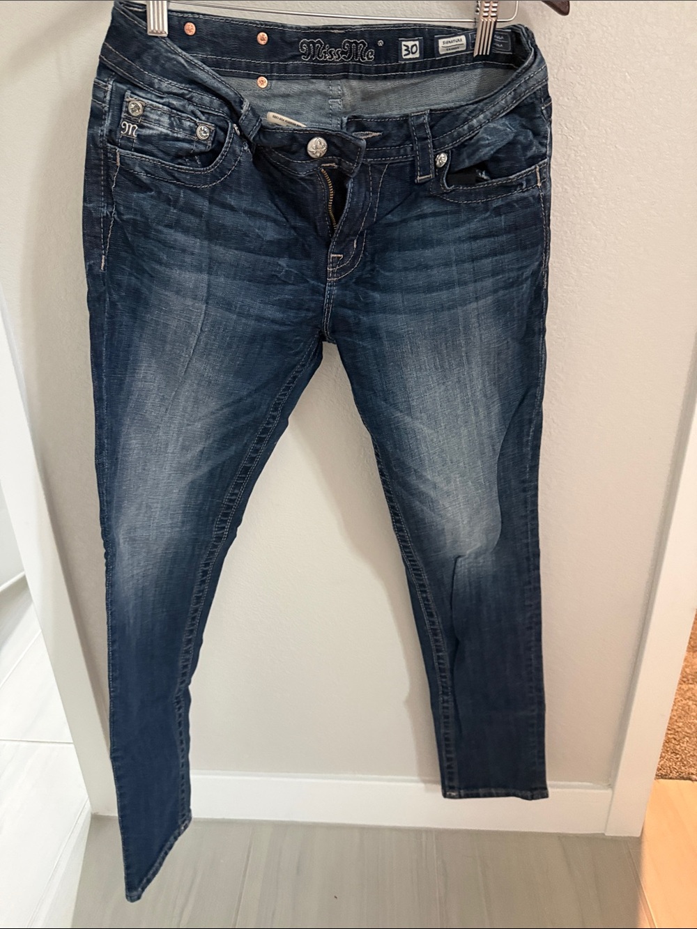 Never worn! Miss Me Dark Indigo Skinny Jeans with Faded Whiskering